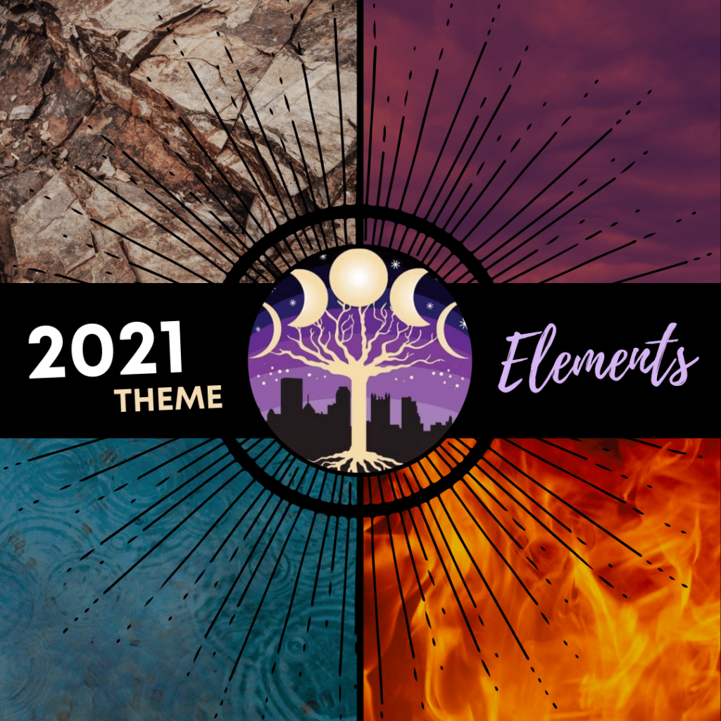 A bold showcase of the elements behind text that shares Reclaiming Pittsburgh's theme for 2021: The Elements! A jagged, brown boulder (top left), a breeze of purple clouds at sunset (top right), a blazing fire (bottom right) and tiny raindrops rippling in a pond (bottom left.)